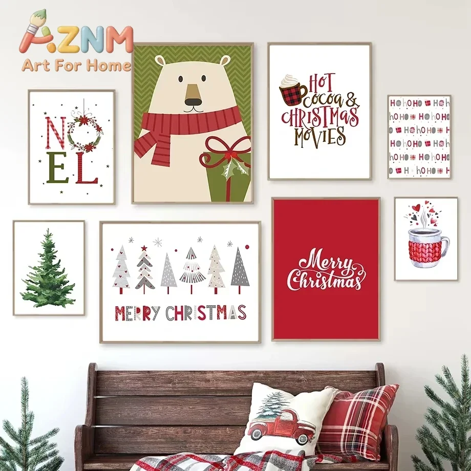 Christmas Themed Koala Wreath Cup Gift Oil Painting Children's Room Home Decoration Store Party Holiday Wall Painting Poster