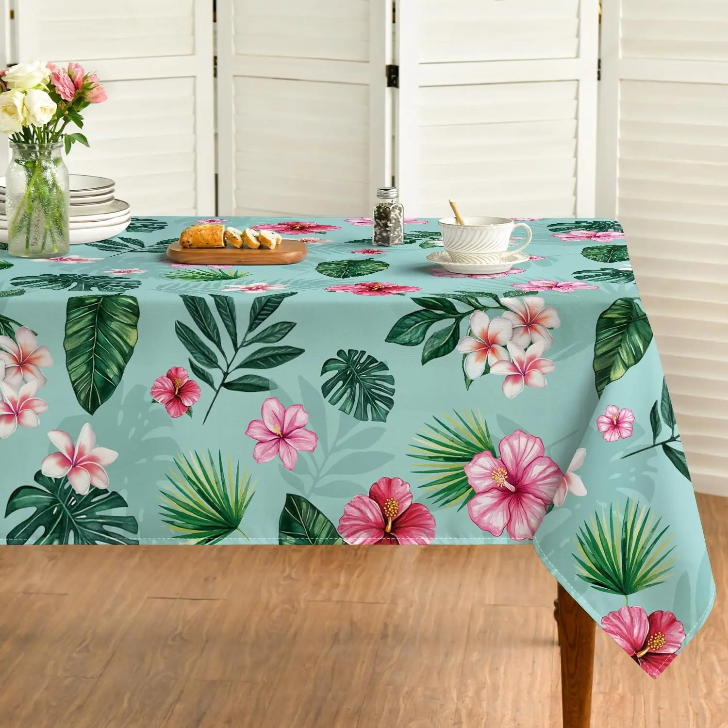 Summer Floral Palm Leaves Print Tablecloth Home Decoration Tropical Flowers Green Leaf Kitchen Dining Table Cloth Wedding Decor