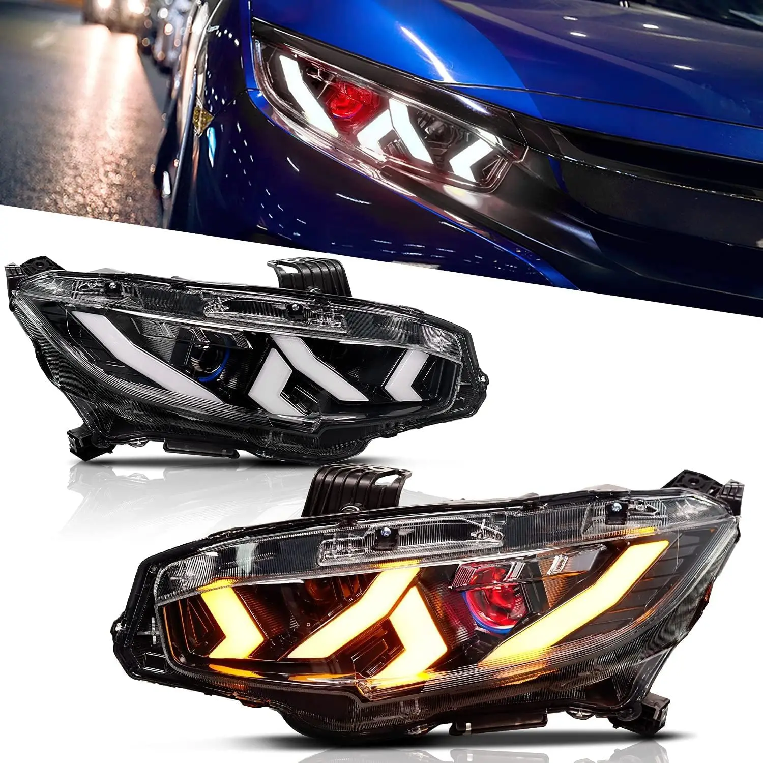 LED Headlights for Honda Civic 2016-2022 EX LX Sport Touring Si Type RLambo Style Hatchback Coupe Seden Sequential Turn Signal