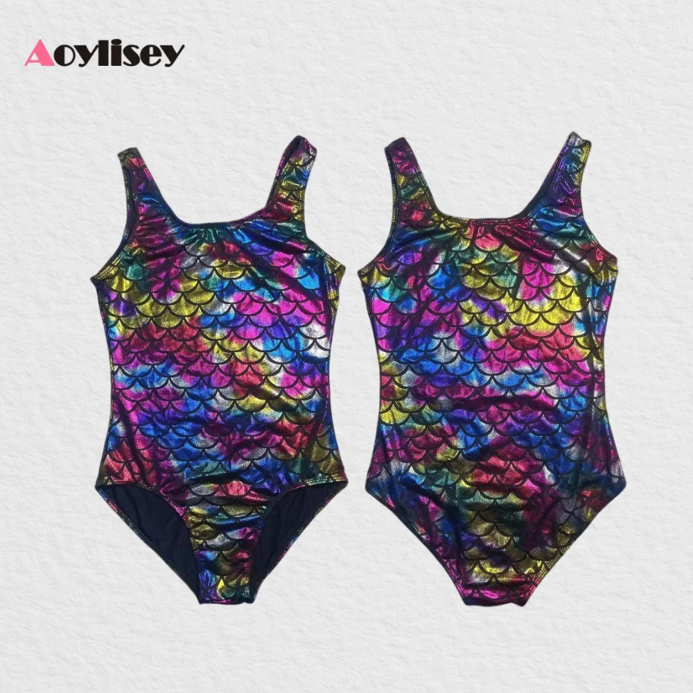 여아 물고기 비늘 프린트 발레 댄스 레오타드 어린이 스판덱스 반짝이는 메탈릭 체조복 댄스웨어 공연 의상