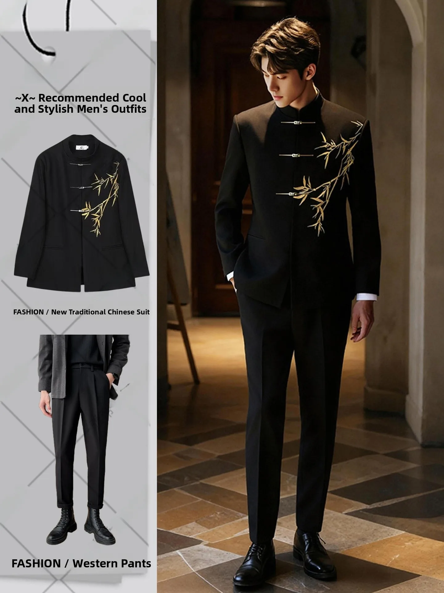 

New Chinese Sle Men's Suit Set Gold Bamboo Embroidery oulder Padded Wedding Outfit Adult Gift Western Sle Jaet