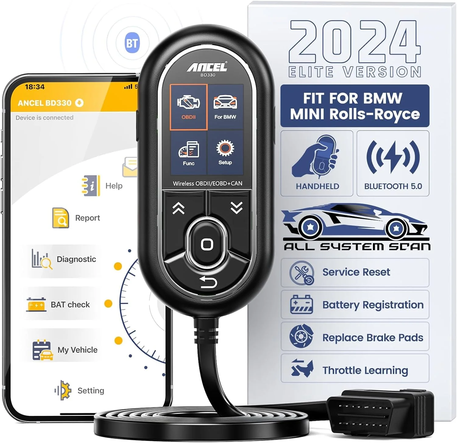 ANCEL BD330 Battery Registration Scan Tool Fits for BMW/Mini/Rolls Royce OBD2 Bluetooth Automotive Scanner 2 in 1 Full System