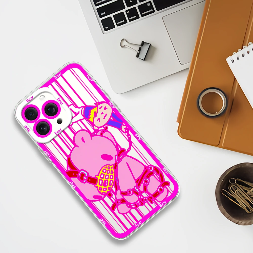 Fashion G-Gloomy Bear Pink Cool Phone Case for iPhone 12 11 13 14 15 16 Max Pro Plus Transparent Bezel Shell