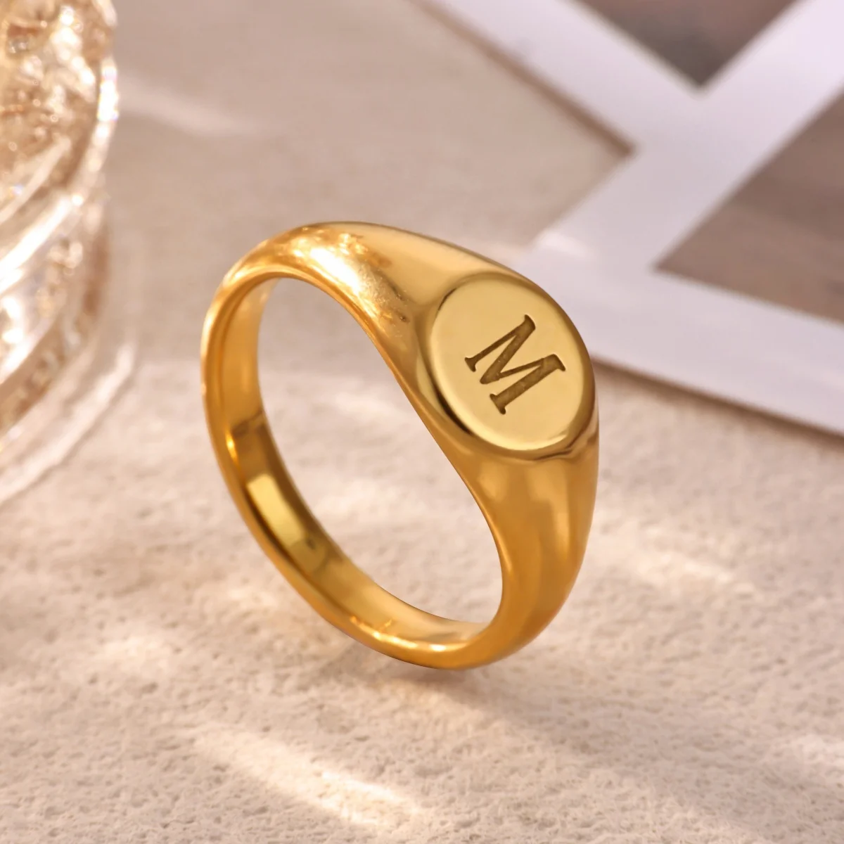 Initial Letter Signet Rings for Women Gold Plated Stainless Steel Engraved Letter Pinky Ring Minimalist Jewelry Gift Daily Wear