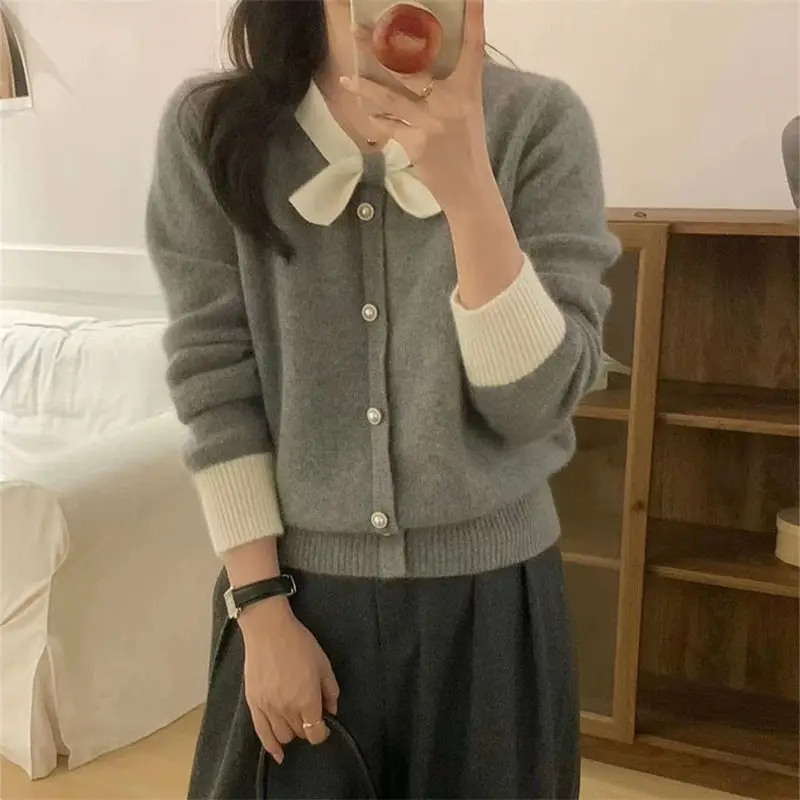 

French gentle style spring new sweater small bow round neck long sleeved contrasting red women's knitted cardigan