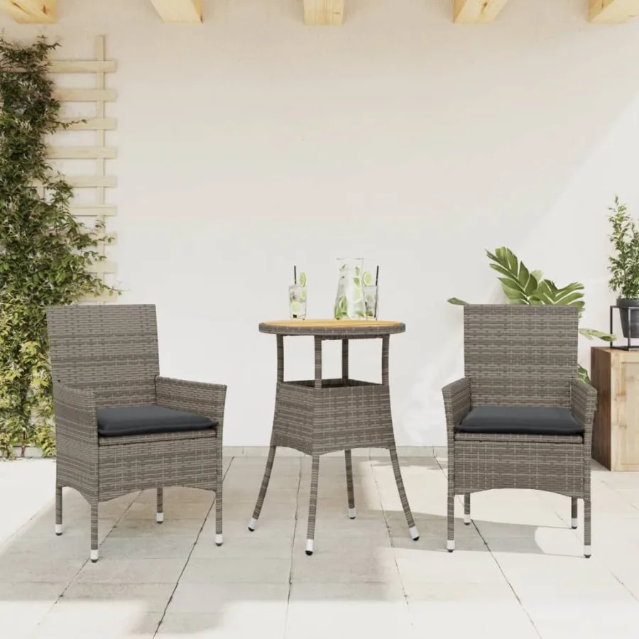 

3 Piece Patio Dining Set with Cushions Grey Poly Rattan and Acacia
