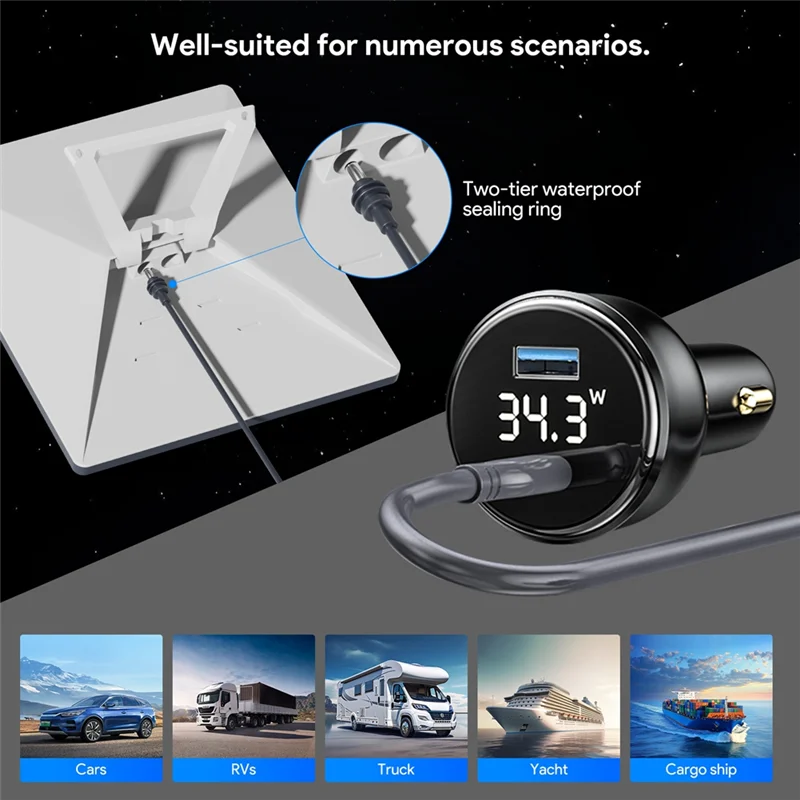 

A72T для Starlink Mini 100 Вт 2-в-1 автомобильное зарядное устройство с 3-метровым кабелем Type-C к постоянному току, светодиодный экран, вставка отверстия прикуривателя