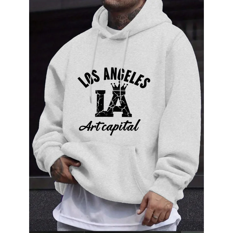 سويت شيرت رجالي بقلنسوة أسود لوس أنجلوس LA Art Capital مطبوع بنمط عالي الجودة من القطن كاجوال ملابس الشارع للرجال