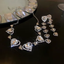 Heart Pendant Necklaces Shiny Rhinestone Crystal Chain Necklaces Women's Party Wedding Jewelry Set Anniversary Gift