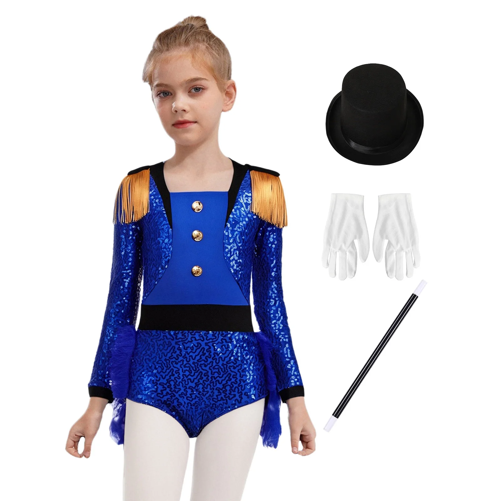 

Kids Girls Circus Ringmaster Magician Costume Halloween Party Drum Marching Band Dress Up Long Sleeve Sequin Tassels Jumpsuit