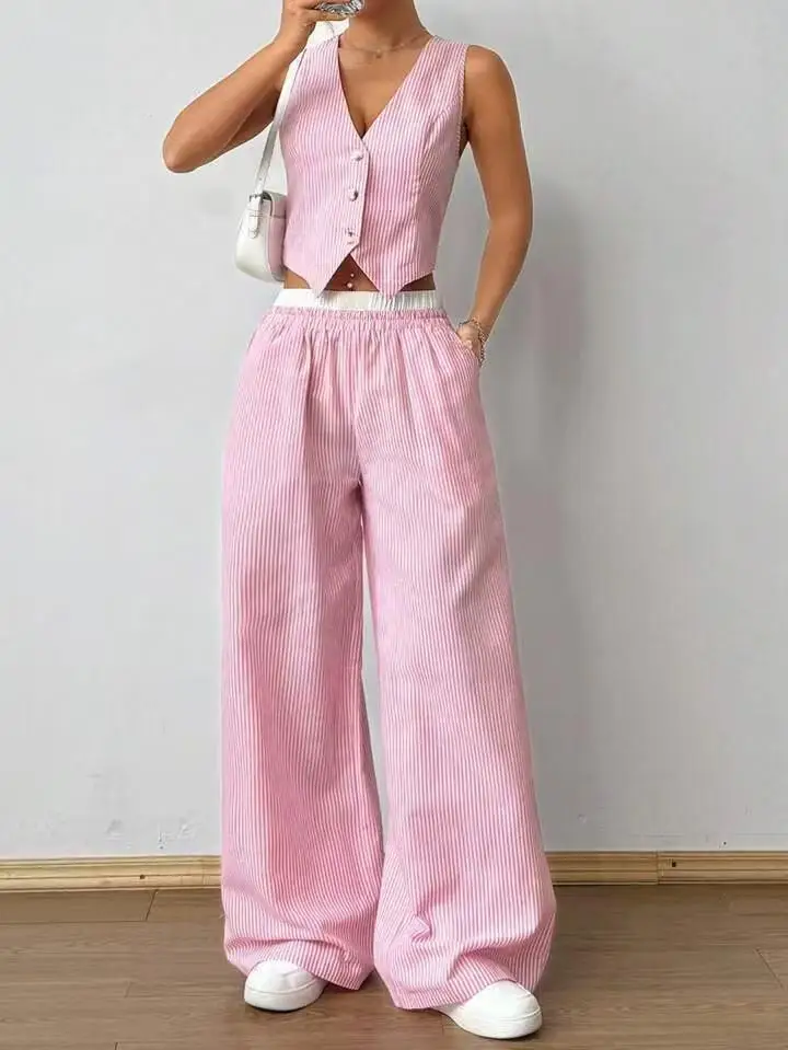 Women Pinstripe 2 Piece Set  Fashion Sleeveless V Neck Button Crop Vest Contrast Waistband Elastic Wide Leg Pocket Pants Set