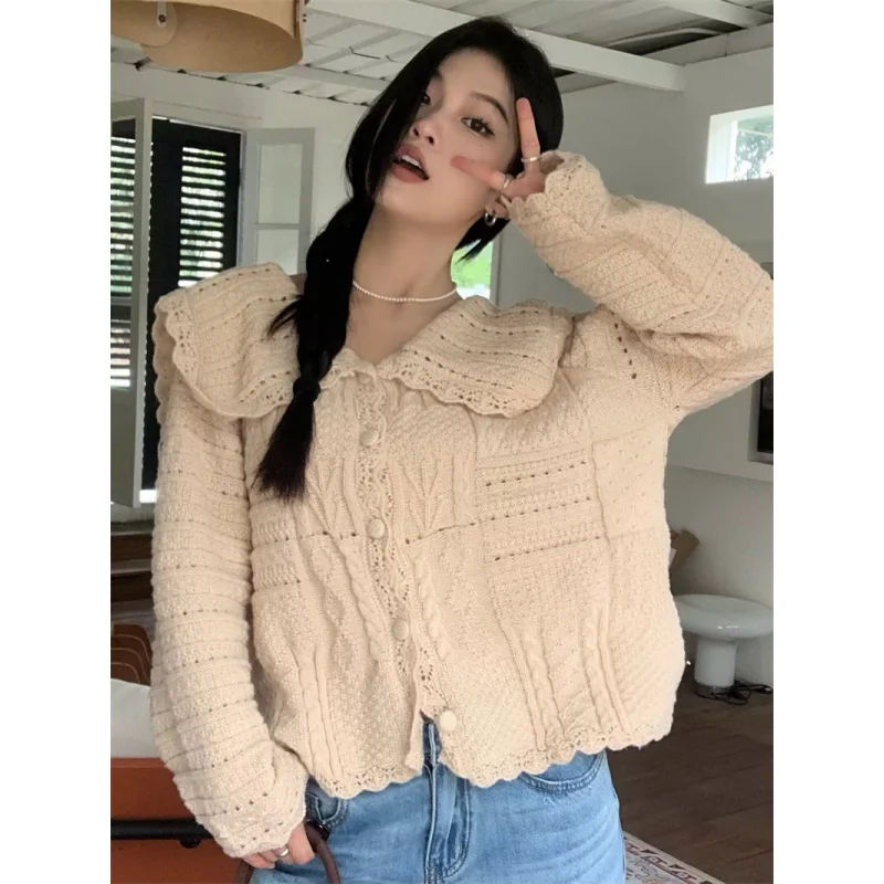 Women\'s Clothing Apricot Knitting Sweater Cardigan Long Sleeves Cashmere Vintage 2024 Spring Fashion Solid Baggy Ladies Tops