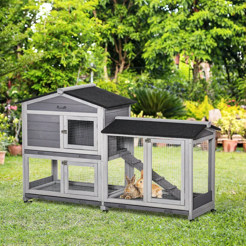 

62" Bunny Cage, Pet Playpen House with Wheels, Run Box, No Leak Tray, and Ramp for Small Animals, Indoor/Outdoor Use, Light Gray