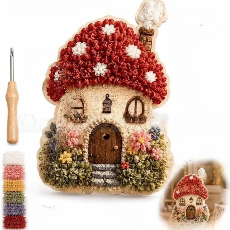 Mushroom Cottage 3D Fabric Poke Art Kit Whimsical Village DIY Handcraft Decor Gift