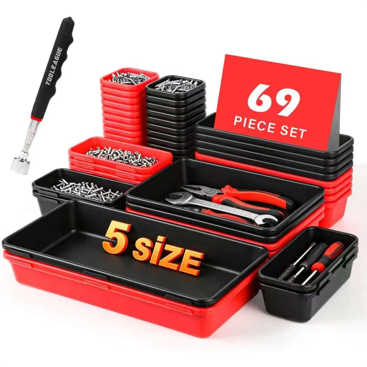 

Tool Box Organizer Tray Set 70Pcs 5 Sizes with 15Lb Magnetic Pickup Pen, Interlocking Drawer Storage for Garage, Workshop