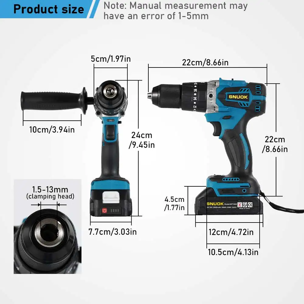Snuok Бесщеточная многофункциональная электрическая ударная дрель 120N.M Аккумуляторный электроинструмент для домашнего ремонта для литиевой батареи Makita 18 В