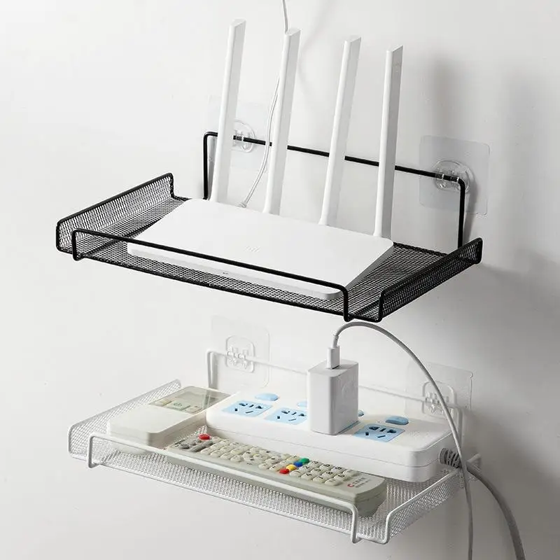 Wall Mounted Router Shelf Metal Mesh Storage Rack No Drill WiFi Router Stand Power Strip Cable Organizer Holder for TV