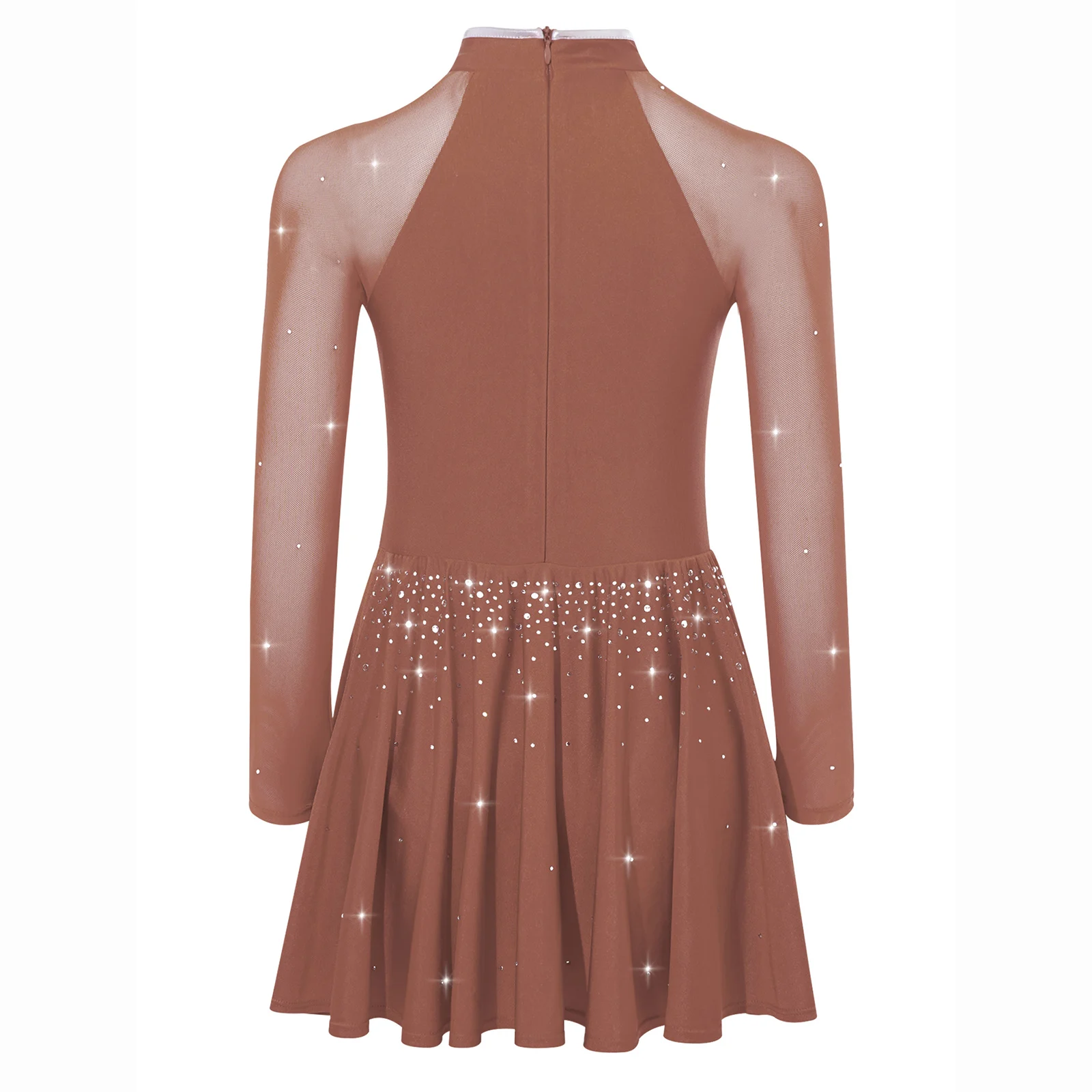 Girls Lyrical Dance Dress Long Sleeves Mandarin Collar Sheer Mesh Shiny Rhinestones Knot Button Side Split Ballet Leotard Dress