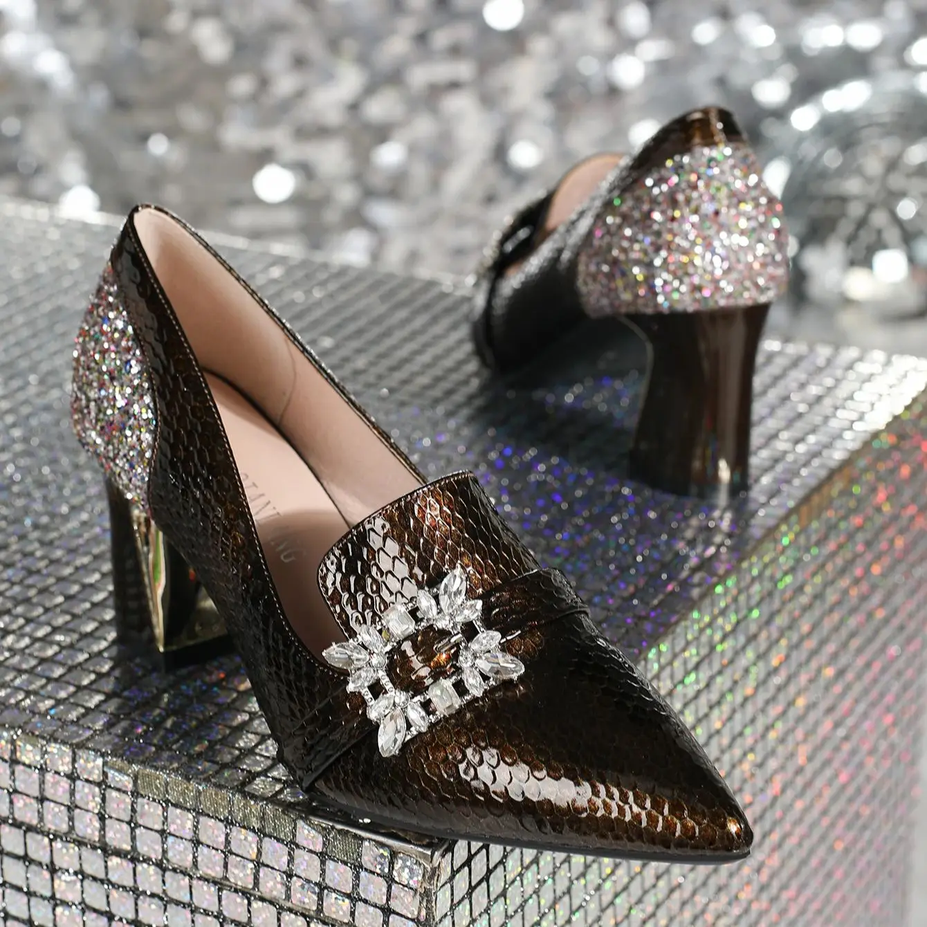 High-heeled sequins pointed square buckle fashion shallow-mouthed single shoes