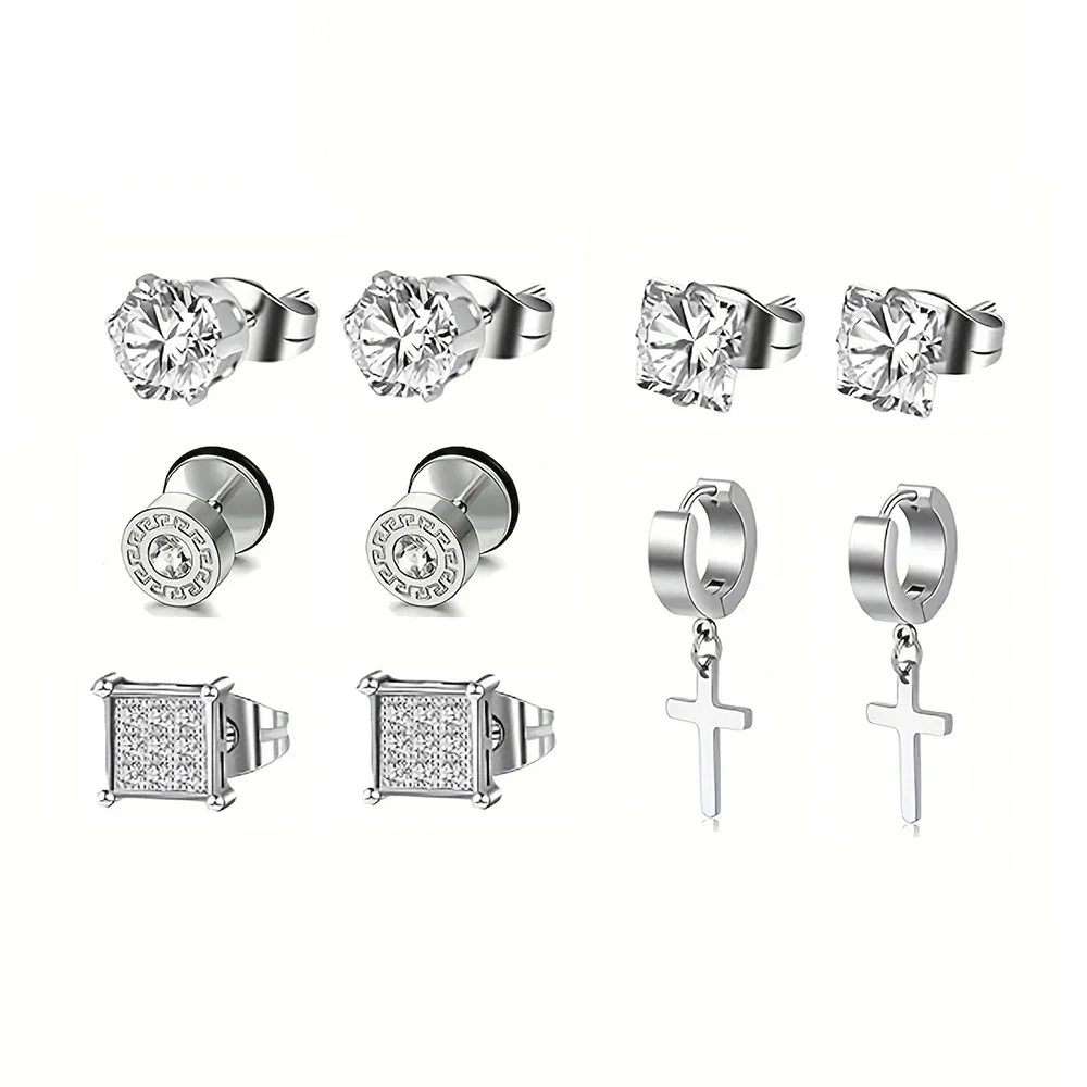 1-5 Pairs Stainless Steel Earrings Cross Dangle Hinged Earrings, Cubic Zirconia Stud Earrings For Men, Ear Piercing Jewelry
