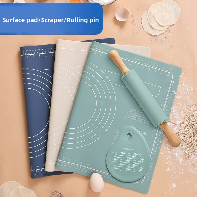 Silicone Measuring Kneading Pad Set Household Food Grade Rolling Pin Dough Pad Large Thick Non-slip Non-stick Bottom Baking Tool