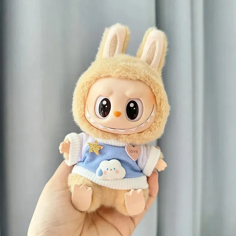 17cm Labubu Doll Clothing Fashion Hoodie Doll Accessories Dopamine Style Checkered Overalls T-shirt Set Ropa Labubu