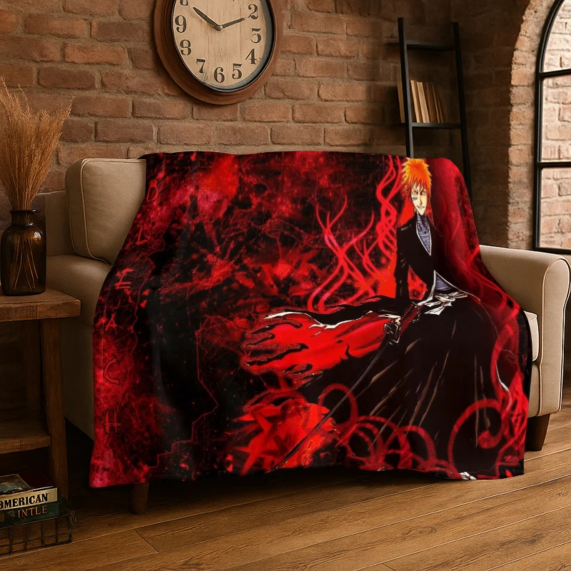 Retro Bleach Anime Kurosaki Ichigo Cartoon Flannel Blanket Soft Warm Throw Blanket for Bedroom Living Room Bed Travel Picnic