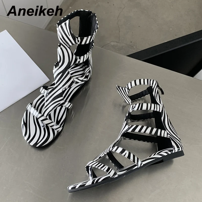 Aneikeh Women\'s Shoes 2024 New Rome Fashion Thong Solid Flat with Sewing Leisure Sandal Striped Ankle-Wrap Hollow out Classics