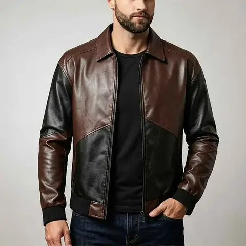 KIDWHXR Man Leather Jacket Autumn Punk Contrast Color Windproof Waterproof Men Outerwear Loose Casual Long Sleeve Male Coat