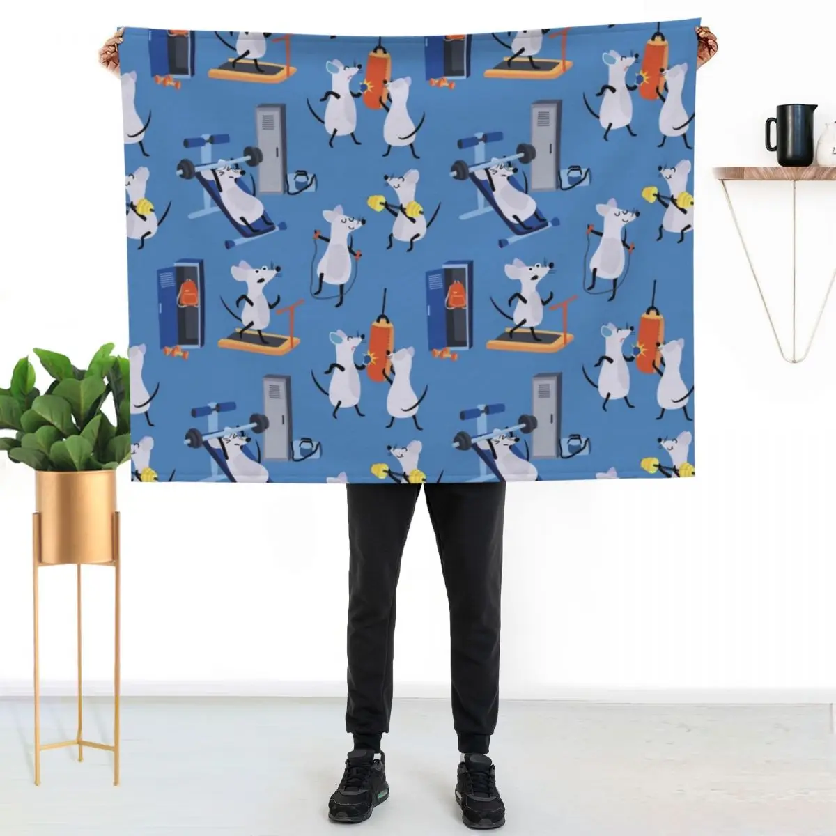 Funny Workout Gym Rats Kids Pattern Blue Throw Blanket Flannel Fabric Cute Blankets For Sofas For Baby Decorative Throw Blankets