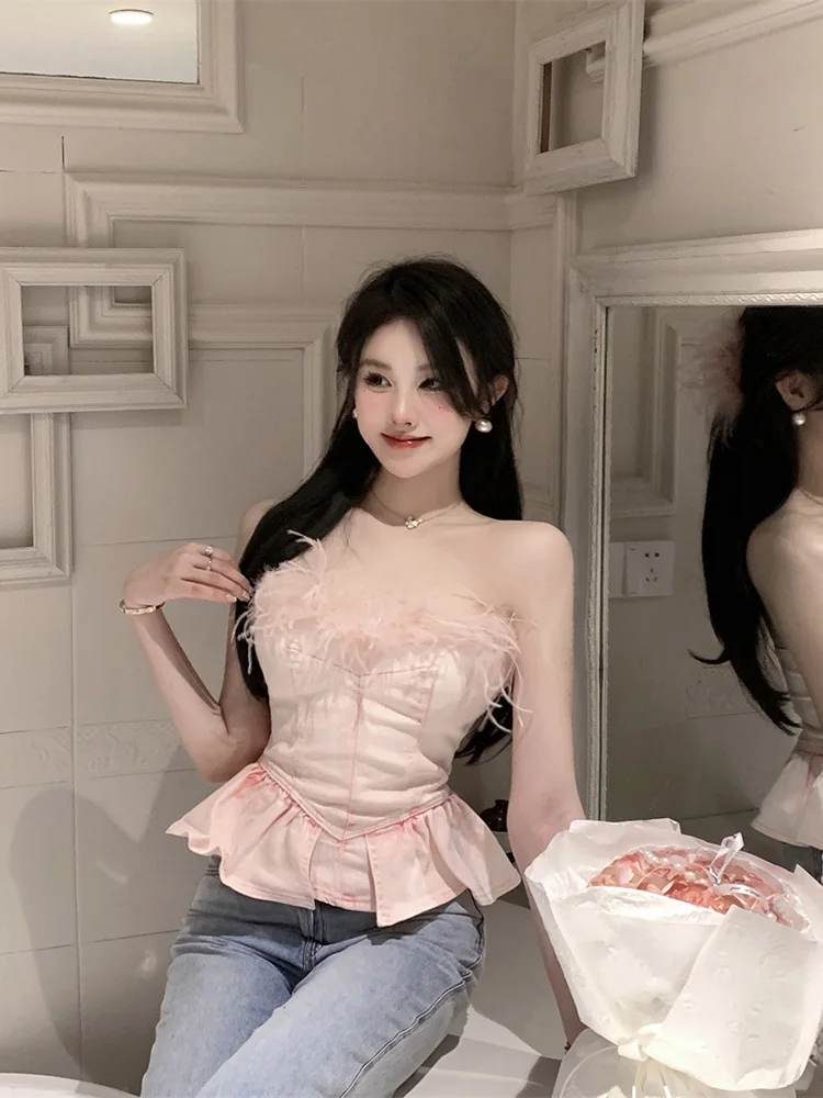 2023 Summer New Sweet Woman Sexy Sleeveless Feather Pink Denim Tube Tops X Chic Elegant Ruffle Slim-Fit Crop Corset Top Women