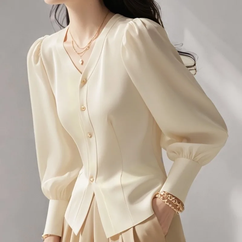 

Винтажные женские блузки, однотонные повседневные рубашки, модные облегающие весенне-осенние корейские костюмы, женские топы с длинными рукавами