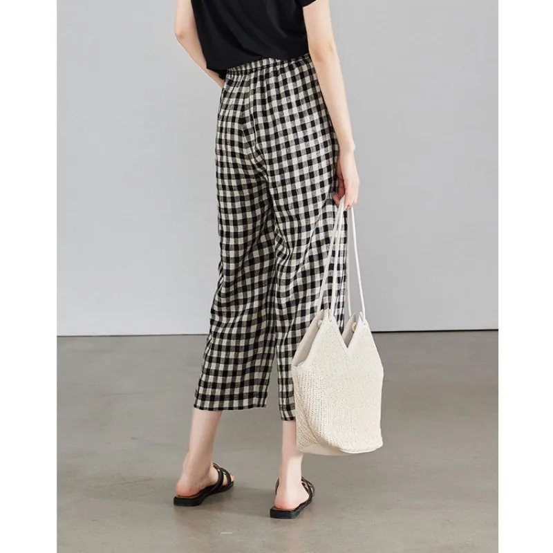 Spring Autumn Women's Clothing Elastic High Waisted Contrast Color Flattering Pockets Plaid Casual Trousers Trousers Pants