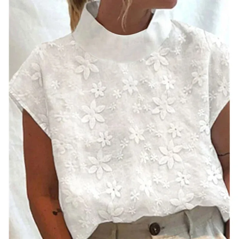 White Cotton Linen Summer New Women Blouse Shirt Elegant Solid Lace Hollow Out Casual Streetwear Office Basic Shirts Tops