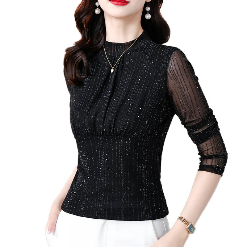 

2025 Turtleneck Slim Waist Black Blouse Women Tops Ladies Lace Blouses Shirt Ropa Mujer Femme Chemise Woman Clothes