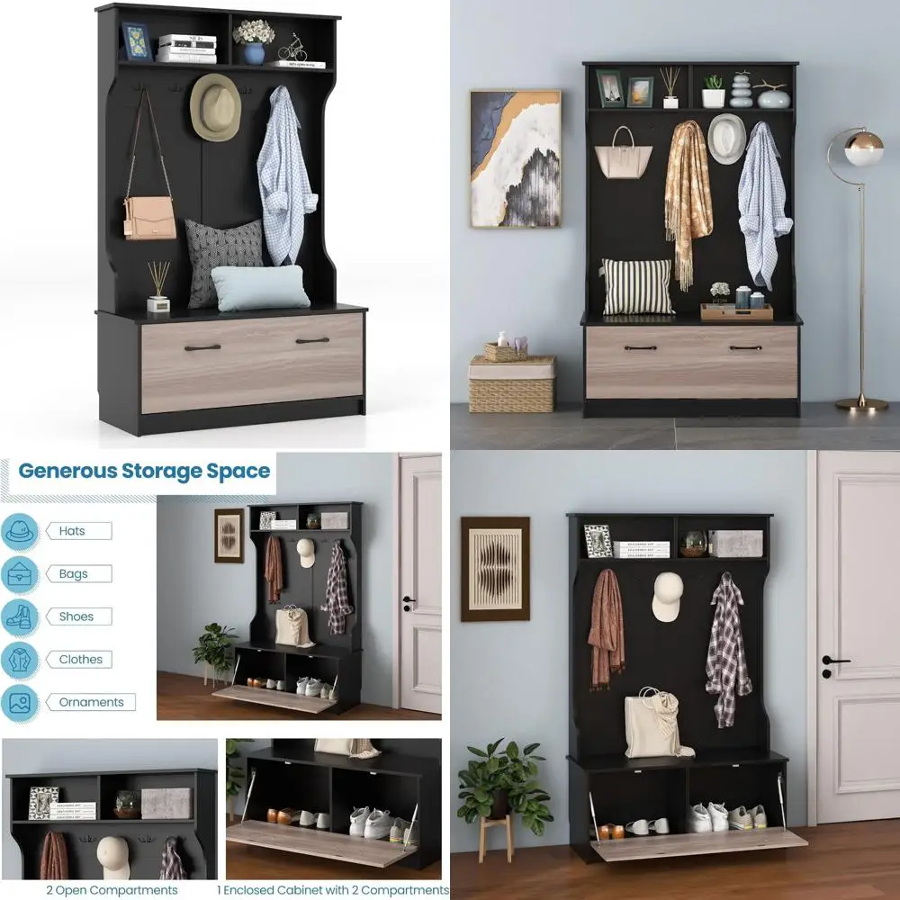 Multifunctional Entryway Coat Rack with Storage Bench and 5 Hooks, Freestanding Hall Tree for Home Organization