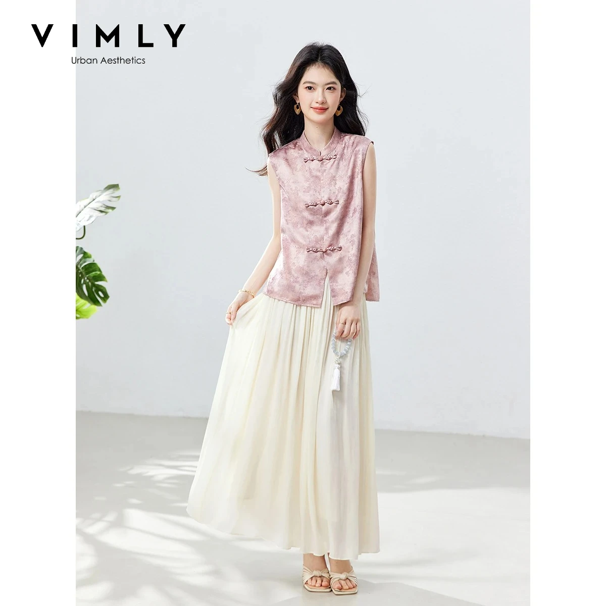 

VIMLY Pink New Chinese Style Jacquard Vest 2 Piece Set 2026 Summer Sleeveless Top Elastic Waist Long Skirt Women's Suit A6029