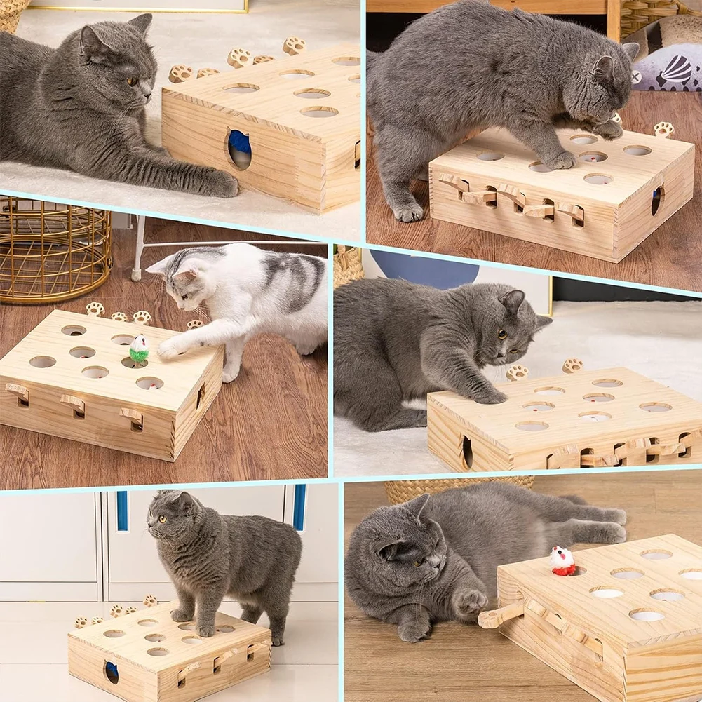 Cats Whack A Mole Game Cat Pop Up Toy 3/5-Holed Whack A Mole Cat Toy Funny Wooden Hunting Toy Box Interactive for Indoor Cats