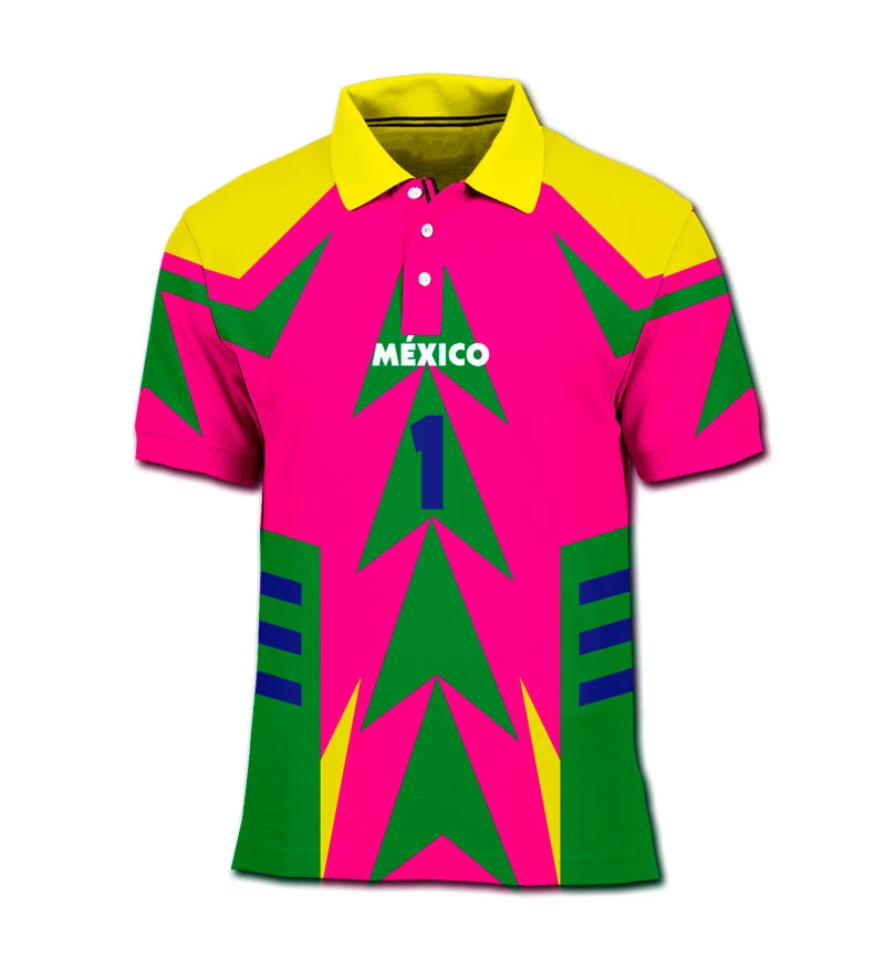 Retro MEXICO Printed Polo Shirt with Contrasting Geometric Patterns Loose Lapel Buttons Fan Short Sleeved Top Unisex