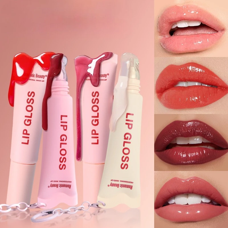 4色のティントリップグロス、ランヤード付き、保湿・潤いを与えるフォーミュラ、べたつかない輝き、毎日のリップケアと携帯に便利な美容