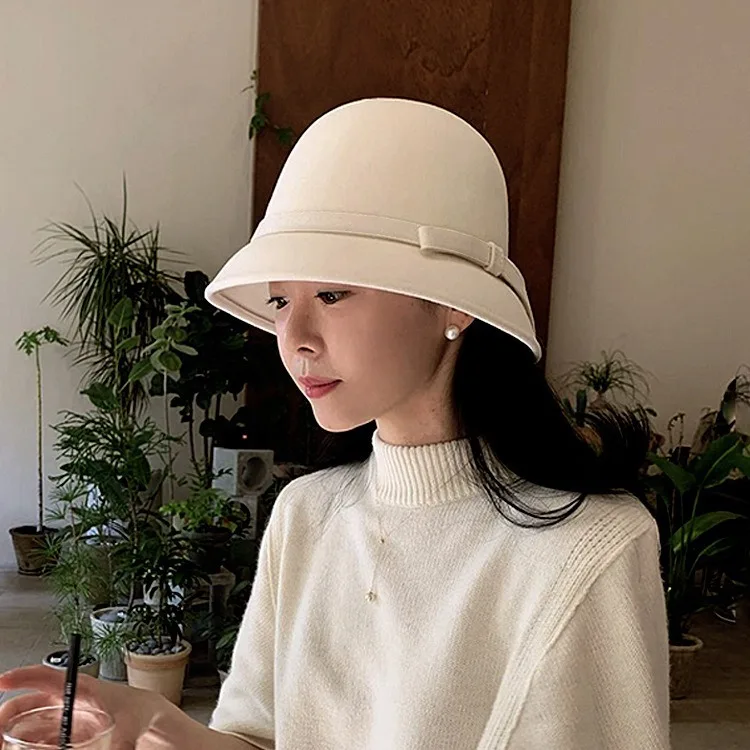 2024 Autumn Spring Fedoras Women Hat Elegant Vintage Bowknot Wool Ladies Hat Dome Felt Wedding Church Jazz Cap Female Bow Bowler