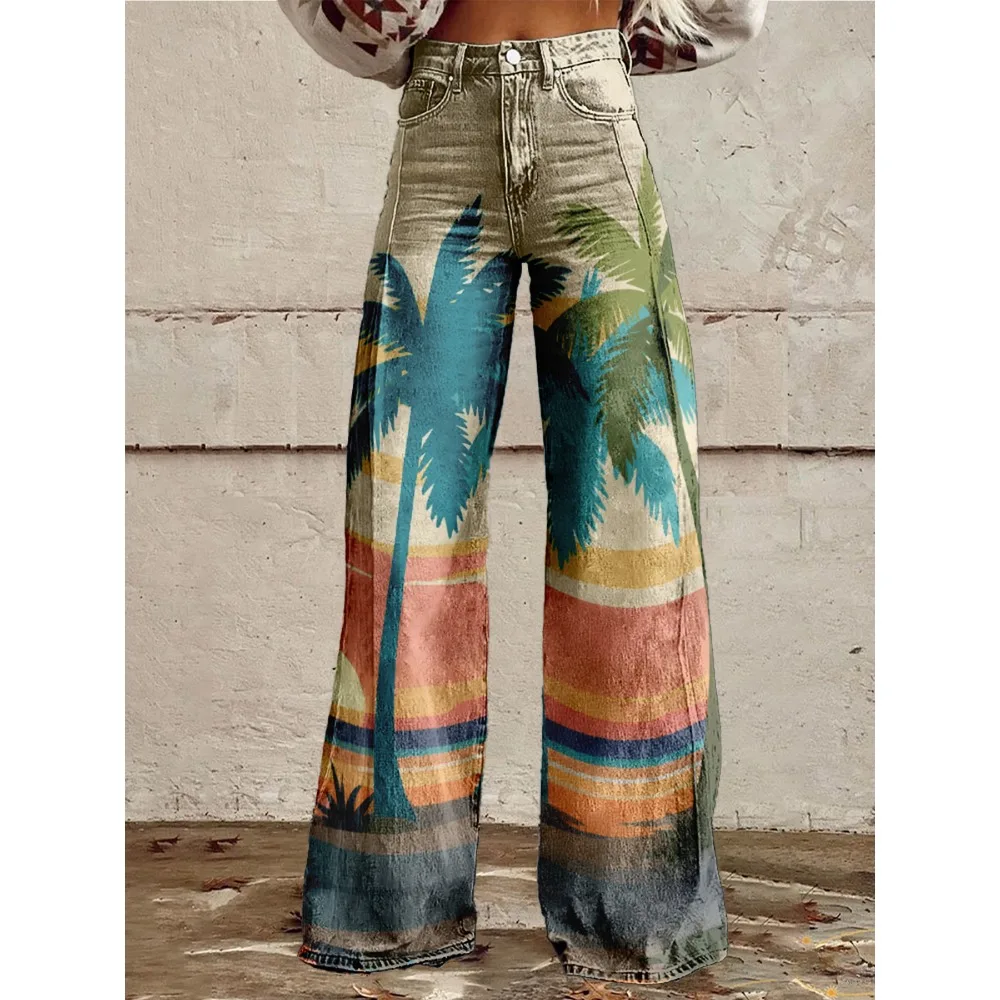 بنطال واسع الساق بطباعة غروب الشمس الاستوائية على الطراز البوهيمي - بنطال شاطئ نسائي مثير متوهج بتصميم شجرة النخيل لقضاء عطلة الصيف