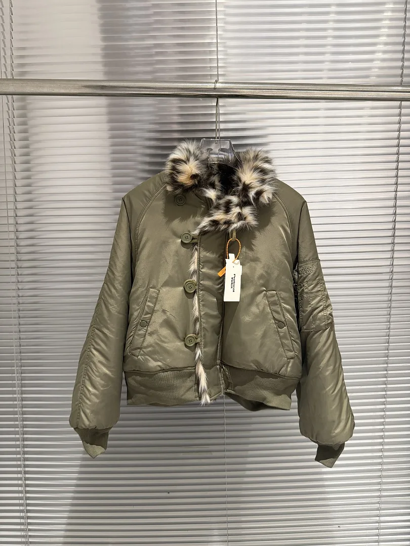 Winter Warm PTL Index Reversible Leopard Faux Fur Collar Women Men Cotton Padded Bomber Jacket Coat Oversized Men Short Jacket