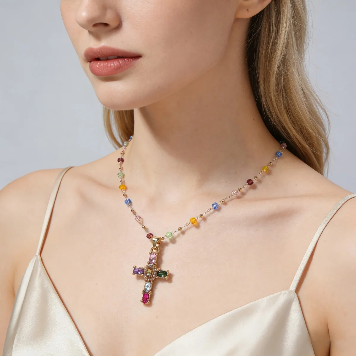 Chain Cross Necklace Colorful Gem Pendant Bright Jewelry for Daily Social Wear Chic Gift for Girls Women