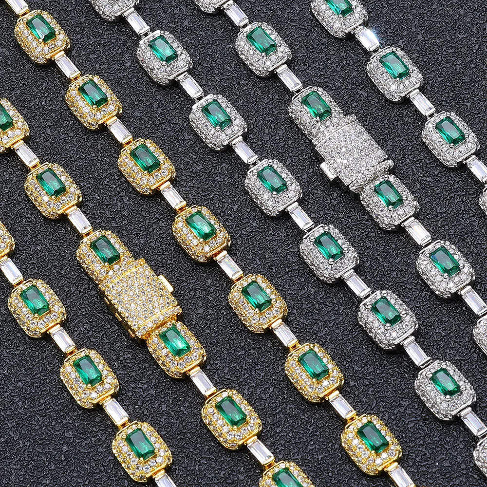 Fashion Luxury Jewelry Set 7mm Gemstone Green Link Necklace 18k Gold Plated Hip Hop Men Women CZ Diamond Clustered Chain