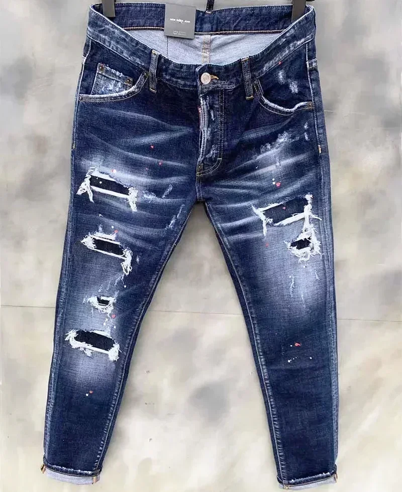 2025 Mens Stretch Skinny Jeans Quality Men Classic Luxury Brand Blue Denim Pants Male Street Slim Fit Ripped Jeans Size 44-54