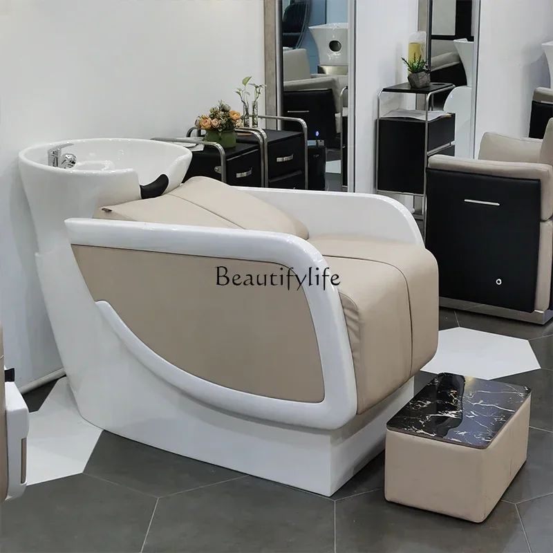 

88.Hair Saloon Dedicated FRP Shampoo Chair Hair Salon Stainless Steel Ceramic Deep Basin Lying Half Flushing Bed