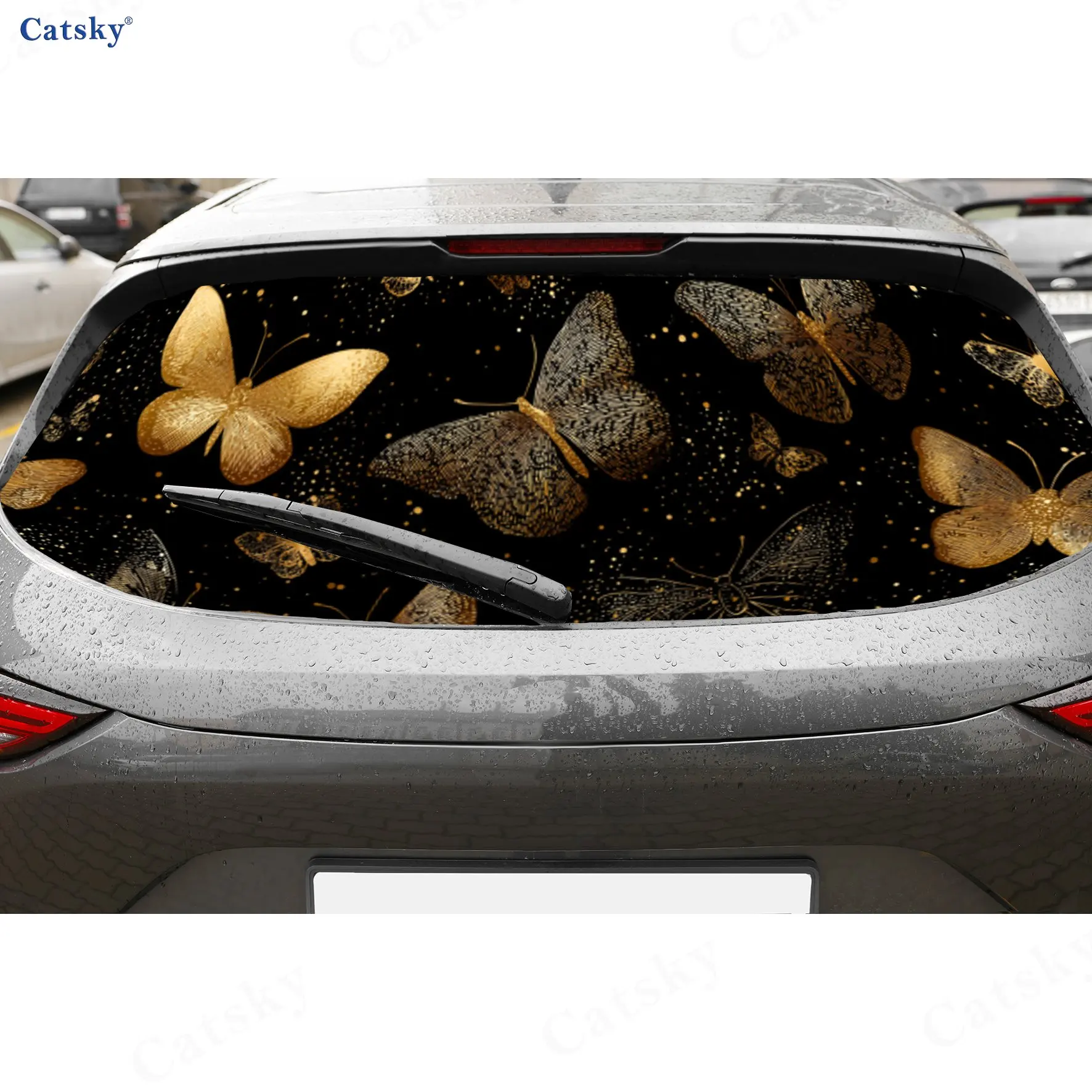

Luxury Golden Butterfly Black Gold Art PVC Perforated Car Vinyl Wraps, Durable Car Rear Windshield Sticker, Waterproof Car Rear