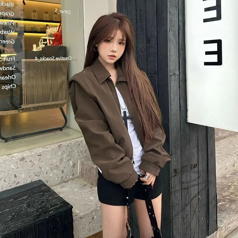 

women's retro casual coat 2026 early autumn new Female sweet cool spice Jacket lazy splicing Ladies loose short Overwear