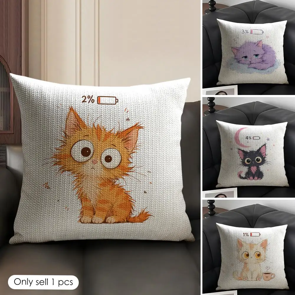 Anime Black Cat Cushion Cover Linen Organic Fabric Double-Sided Printing Sofa Breathable Home Decor Gift Pillow Case